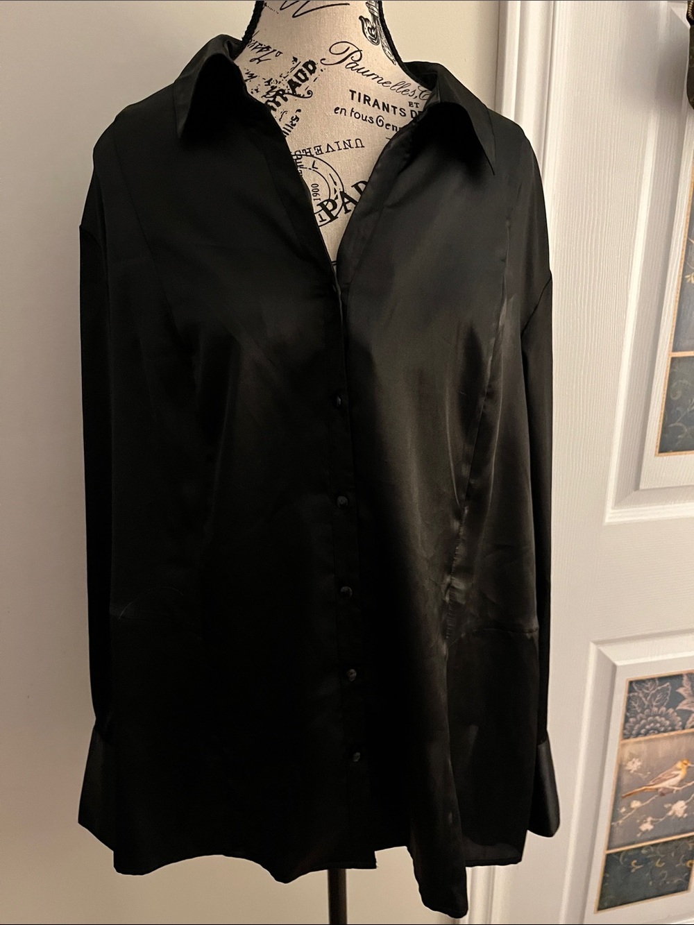 💗Fred David Black Satin Button-Down Blouse
